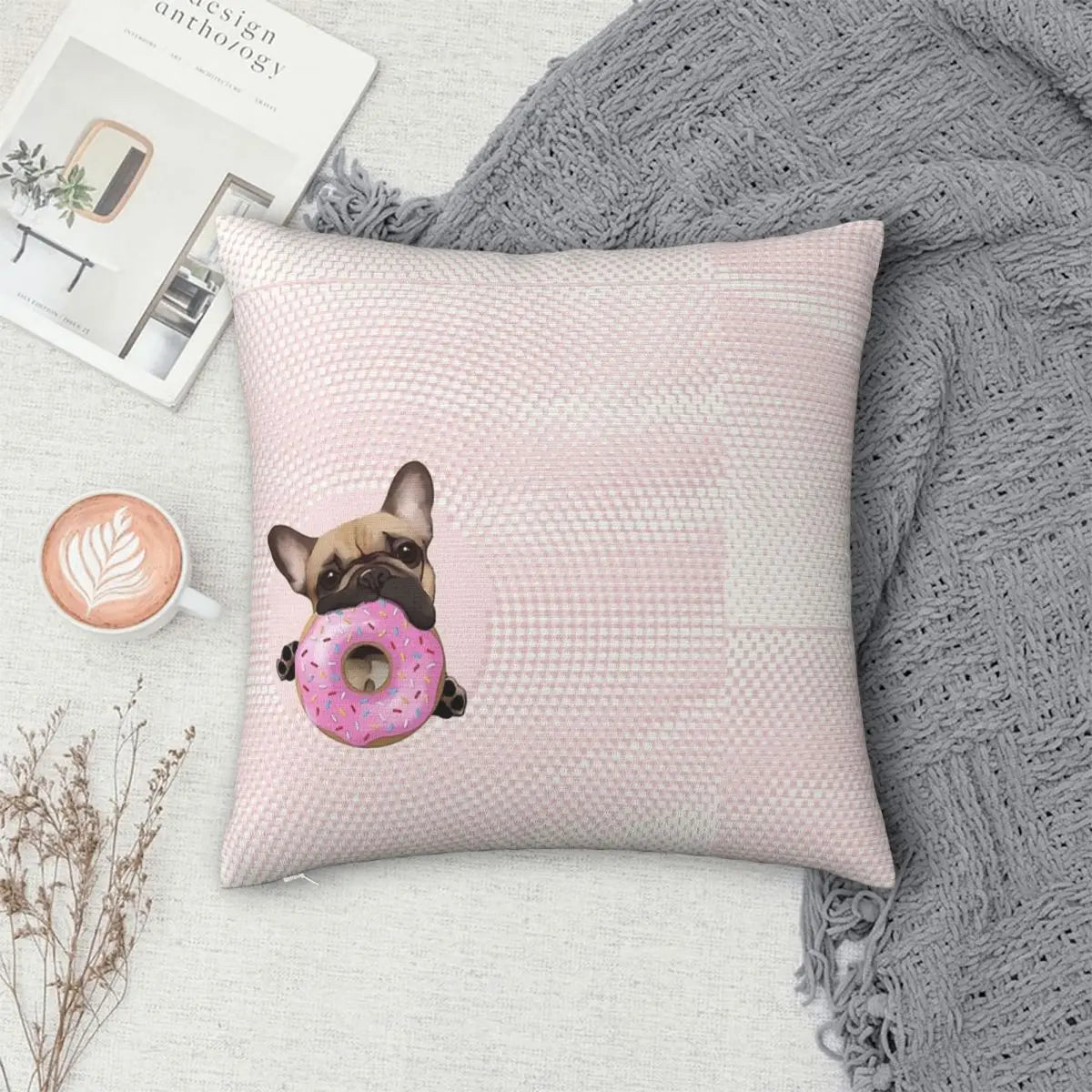 Frenchie and Doughnut Throw Pillow Cover