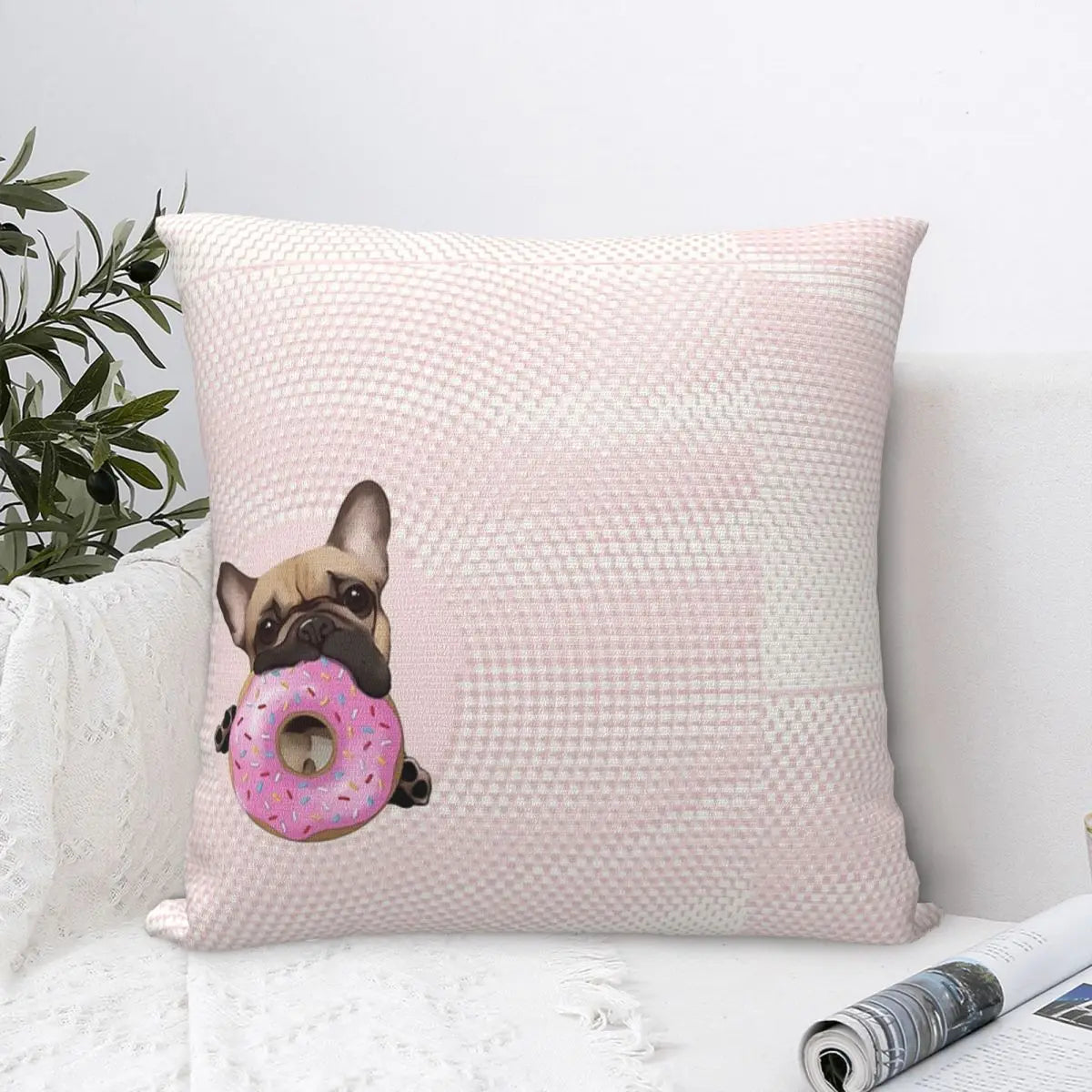 Frenchie and Doughnut Throw Pillow Cover